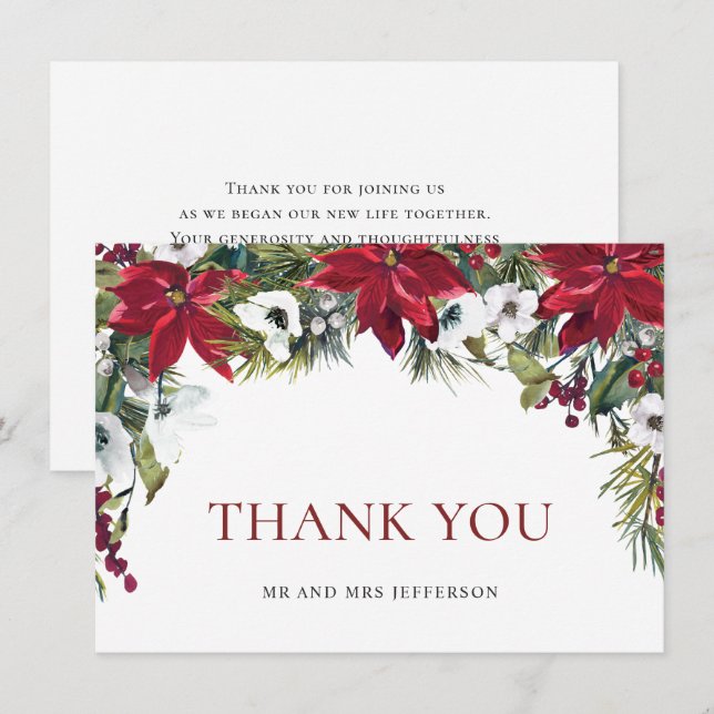 Elegant Red Poinsettia Christmas Wedding Winter Thank You Card (Front/Back)
