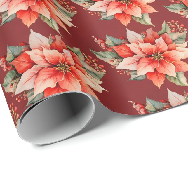 Elegant Red Poinsettia Christmas Wrapping Paper (Roll Corner)
