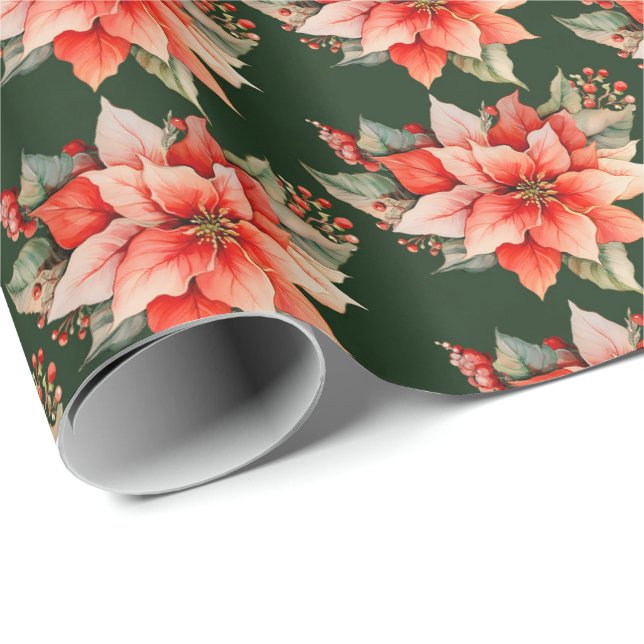 Elegant Red Poinsettia Christmas Wrapping Paper (Roll Corner)