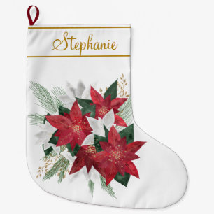 Elegant Red Poinsettia Custom Name Christmas Large Christmas Stocking
