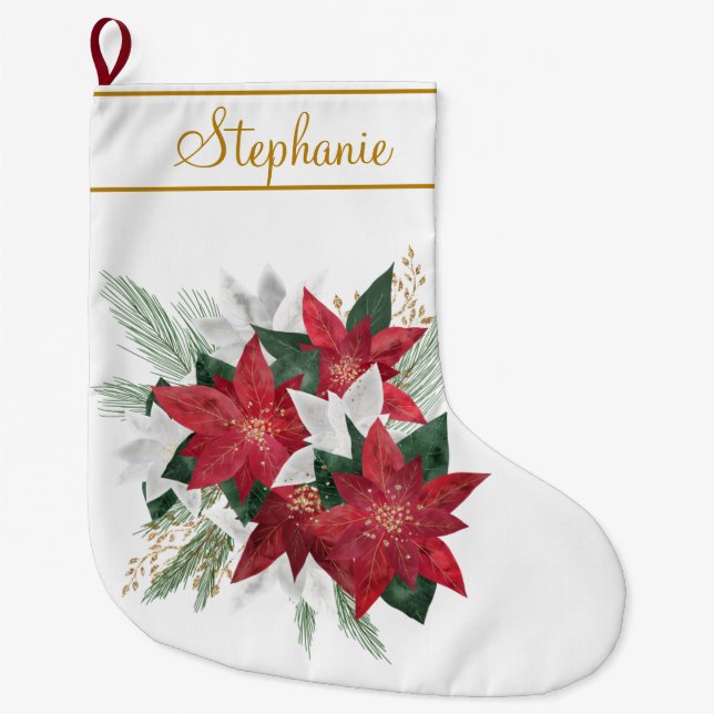 Elegant Red Poinsettia Custom Name Christmas Large Christmas Stocking (Front)