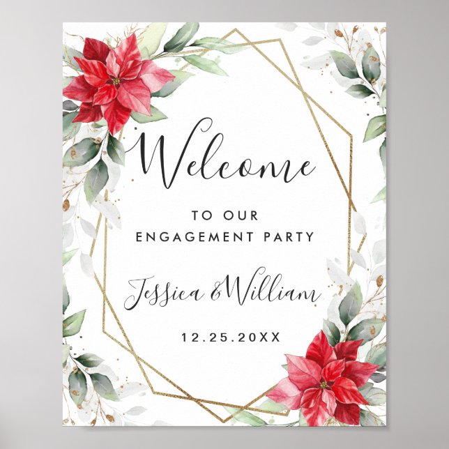 Elegant Red Poinsettia ENGAGEMENT PARTY Welcome Poster (Front)