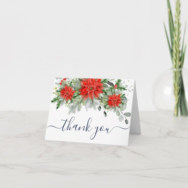 Elegant Red Poinsettia Eucalyptus Pine Watercolor Thank You Card (Front)