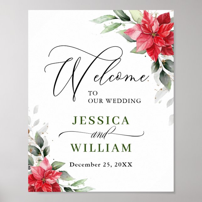 Elegant Red Poinsettia Eucalyptus Wedding Welcome Poster (Front)