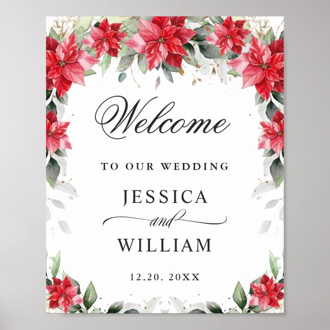 Elegant Red Poinsettia Eucalyptus Wedding Welcome Poster (Front)
