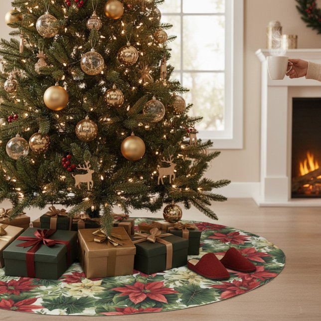 Elegant Red Poinsettia Floral Christmas Holiday Brushed Polyester Tree Skirt (Creator Uploaded)