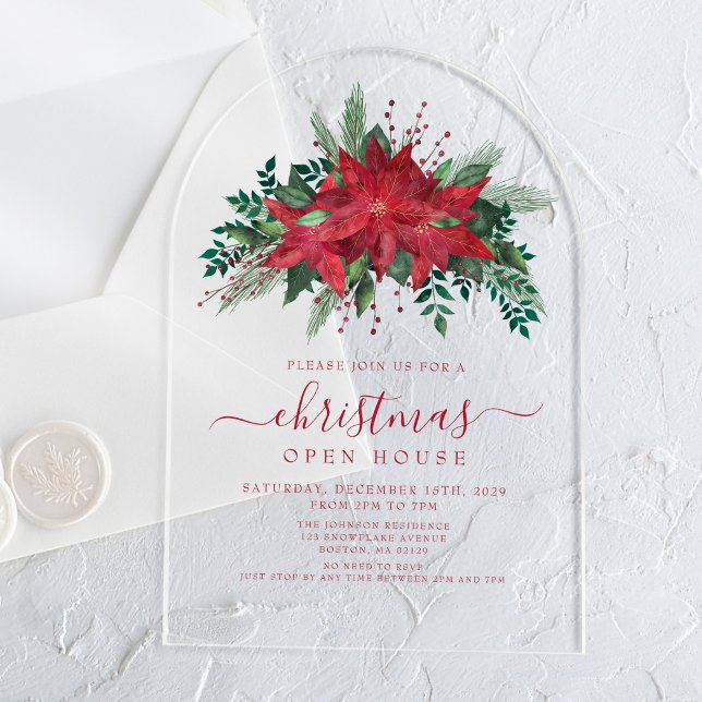 Elegant Red Poinsettia Floral Christmas Open House Acrylic Invitations (Elegant Red Poinsettia Floral Christmas Open House Acrylic Invitations)