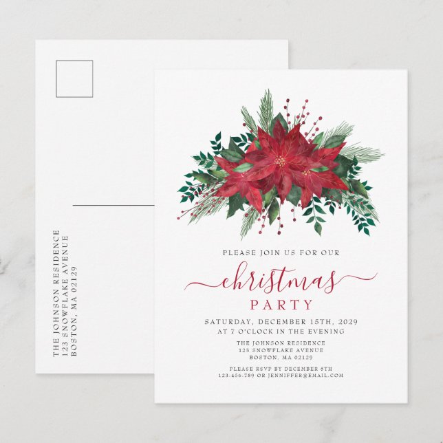 Elegant Red Poinsettia Floral Christmas Party Invitation Postcard (Front/Back)