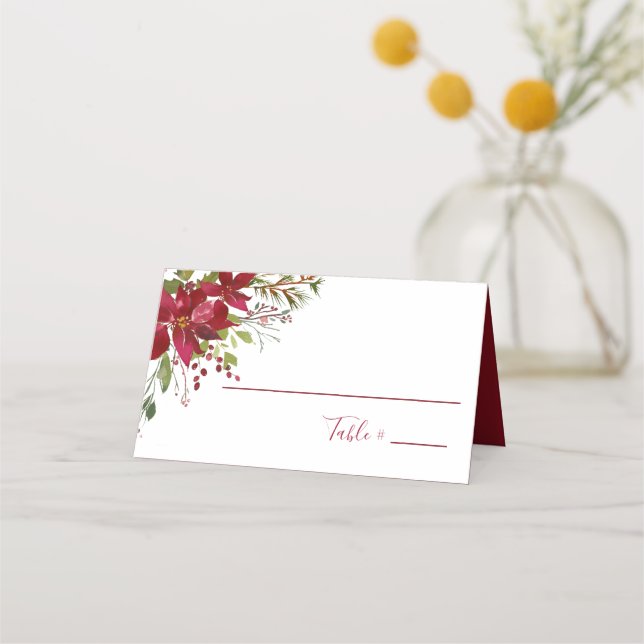 Elegant Red Poinsettia Floral Christmas Reception Place Card (Front)
