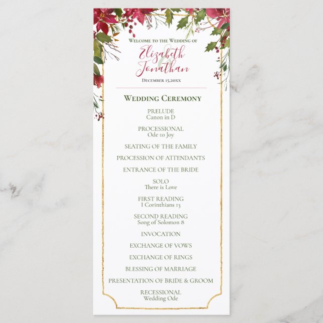 Elegant Red Poinsettia Floral Christmas Wedding Programme (Front)