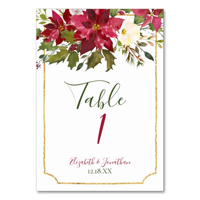 Elegant Red Poinsettia Floral Christmas Wedding Table Number (Front)