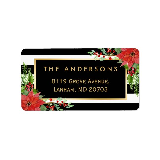 Elegant Red Poinsettia Floral Gold Frame Holiday Address Label