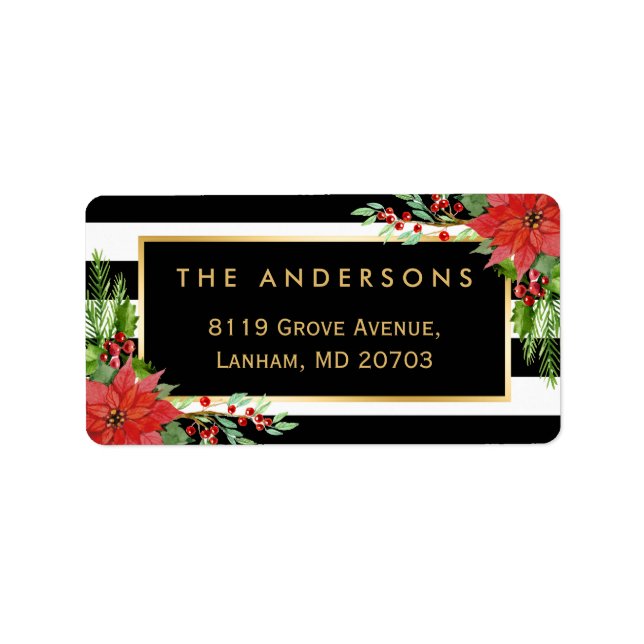 Elegant Red Poinsettia Floral Gold Frame Holiday Label (Front)