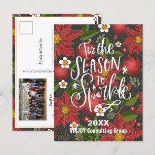 Elegant Red Poinsettia Floral Green Photo Business Postcard