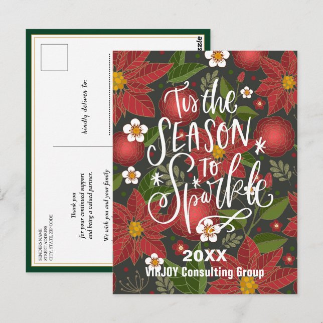 Elegant Red Poinsettia Floral Greenery Business Postcard (Front/Back)