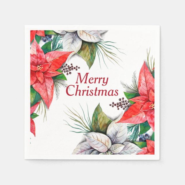 Elegant Red Poinsettia Floral Holly Berry Paper Na Napkin (Front)