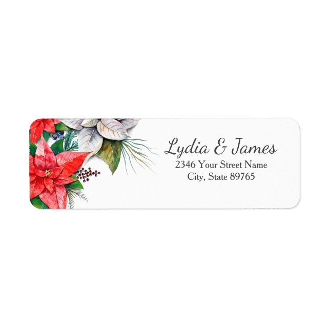 Elegant Red Poinsettia Floral Holly Return Address (Front)