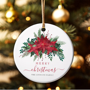 Elegant Red Poinsettia Floral Merry Christmas Ceramic Tree Decoration