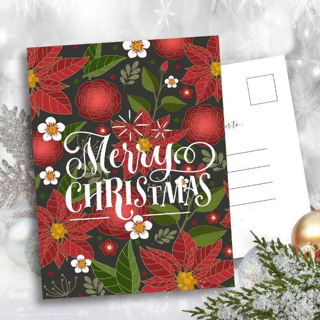 Elegant Red Poinsettia Floral Modern Script  Holiday Postcard (Creator Uploaded)