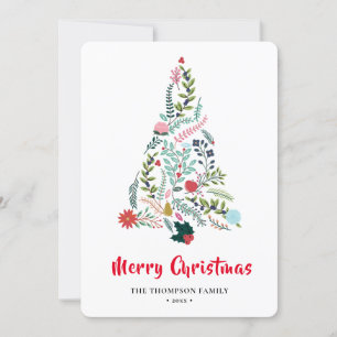 Elegant Red Poinsettia Floral Pine Tree Christmas Holiday Card
