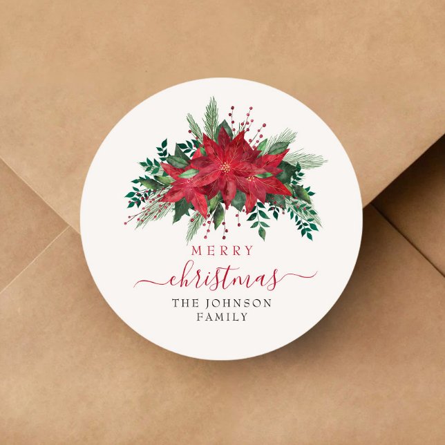Elegant Red Poinsettia Floral Script Christmas  Classic Round Sticker (Elegant Red Poinsettia Floral Script Christmas Classic Round Sticker)