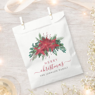 Elegant Red Poinsettia Floral Script Christmas  Favour Bags