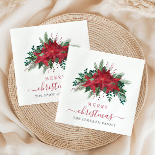 Elegant Red Poinsettia Floral Script Christmas  Napkin