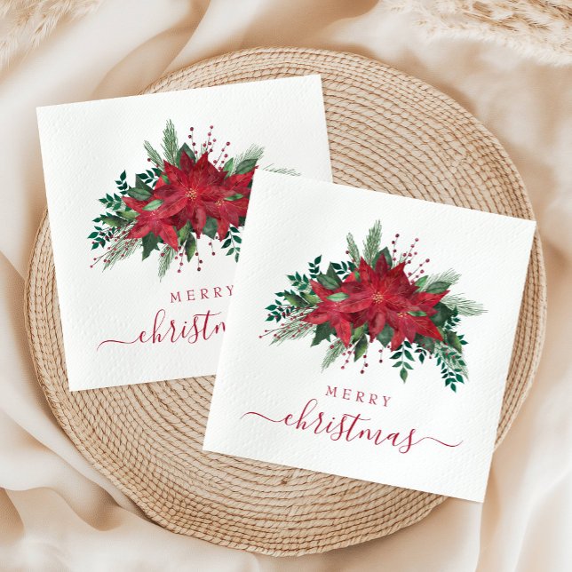 Elegant Red Poinsettia Floral Script Christmas Napkin (Elegant Red Poinsettia Floral Script Christmas Napkins)