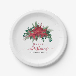 Elegant Red Poinsettia Floral Script Christmas Paper Plate