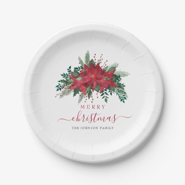 Elegant Red Poinsettia Floral Script Christmas  Paper Plate (Front)