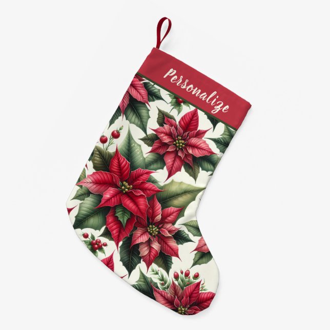 Elegant Red Poinsettia Flowers Personalized Small Christmas Stocking (Front (Hanging))