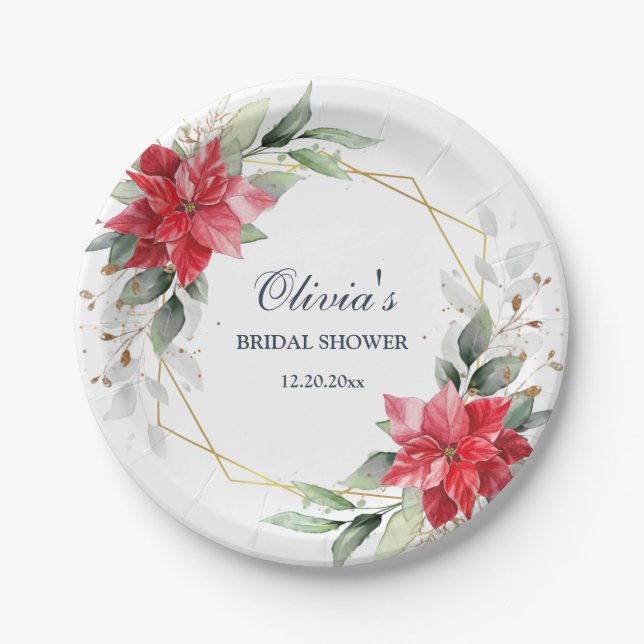 Elegant Red Poinsettia Greenery BRIDAL SHOWER Paper Plate (Front)