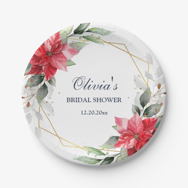 Elegant Red Poinsettia Greenery BRIDAL SHOWER Paper Plate (Front)