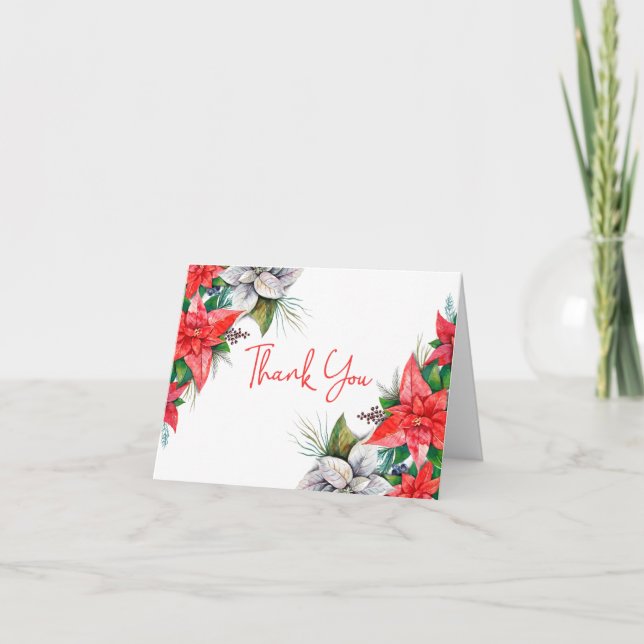 Elegant Red Poinsettia Greenery Christmas Folded Thank You Card (Front)
