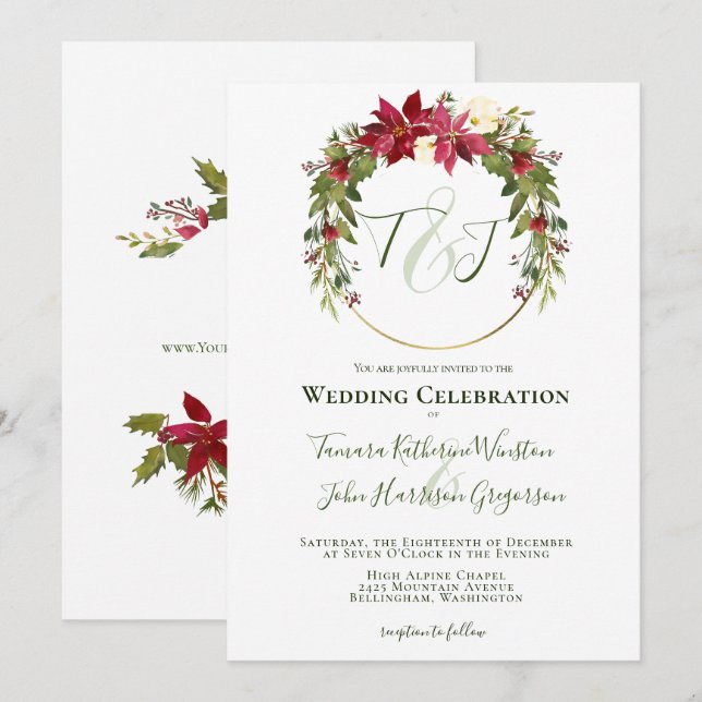 Elegant Red Poinsettia Greenery Christmas Wedding Invitation (Front/Back)