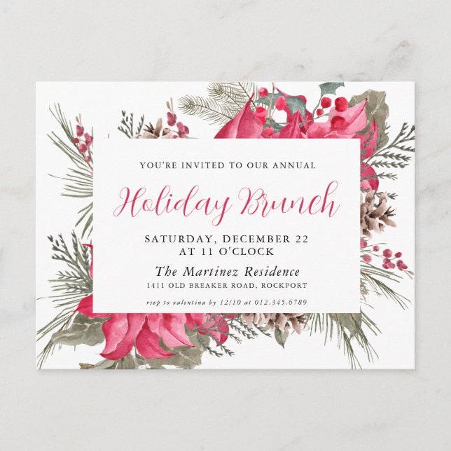 Elegant Red Poinsettia Holiday Brunch Invitation Postcard (Front)