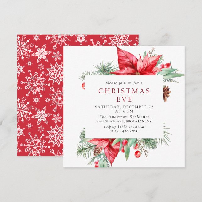 Elegant Red Poinsettia Holiday Christmas EVE Party Invitation (Front/Back)