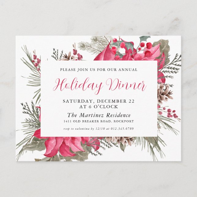 Elegant Red Poinsettia Holiday Dinner Invitation Postcard (Front)