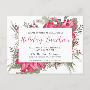 Elegant Red Poinsettia Holiday Luncheon Invitation Postcard