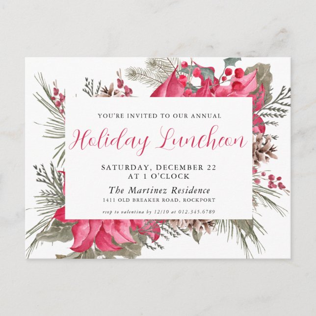 Elegant Red Poinsettia Holiday Luncheon Invitation Postcard (Front)