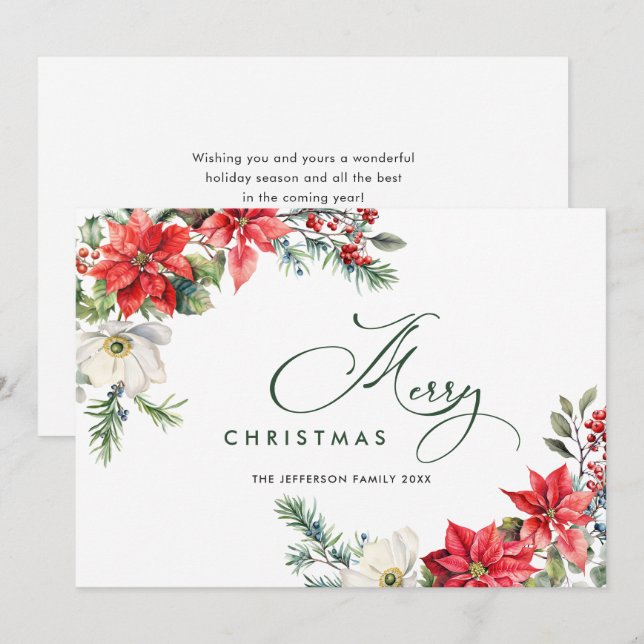 Elegant Red Poinsettia Merry Christmas Greeting Holiday Card (Front/Back)