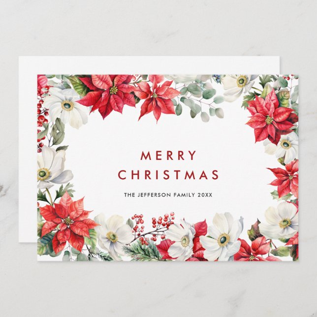 Elegant Red Poinsettia Merry Christmas Greeting Holiday Card (Front/Back)