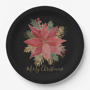 Elegant Red Poinsettia Merry Christmas Party Paper Plate