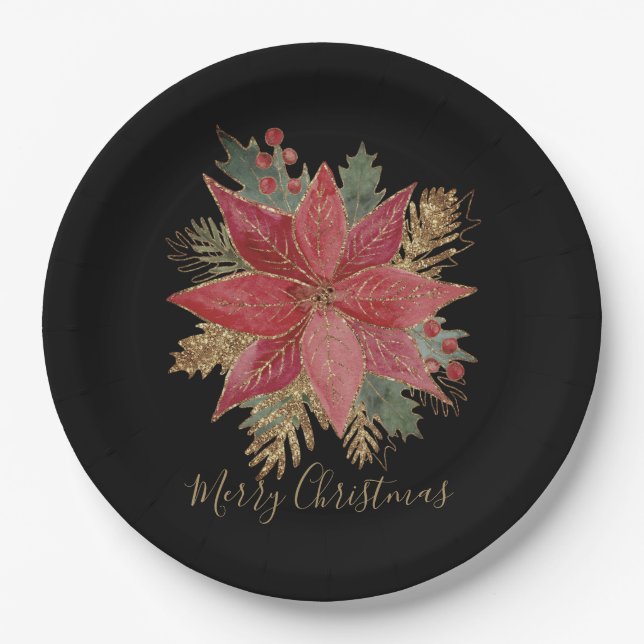 Elegant Red Poinsettia Merry Christmas Party Paper Plate (Front)