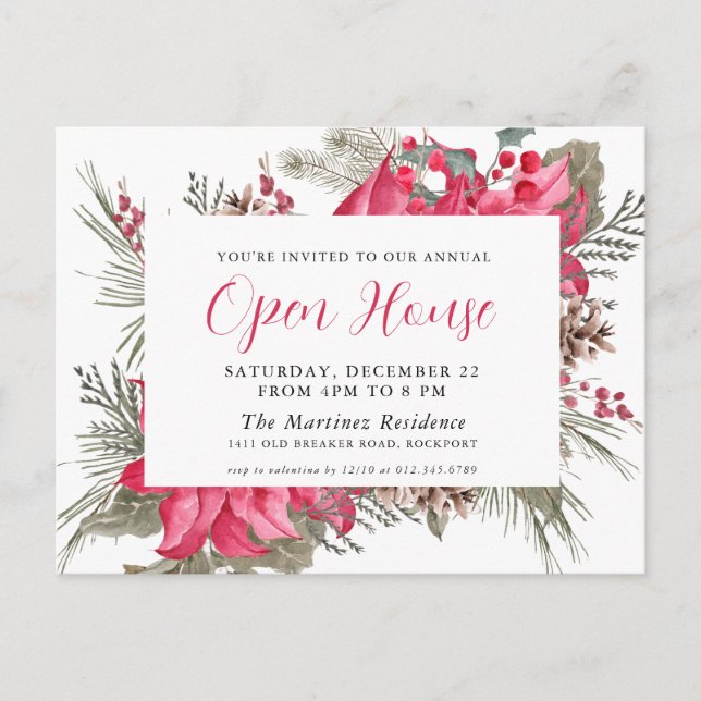 Elegant Red Poinsettia Open House Invitation Postcard (Front)
