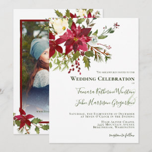 Elegant Red Poinsettia Photo Christmas Wedding Invitation