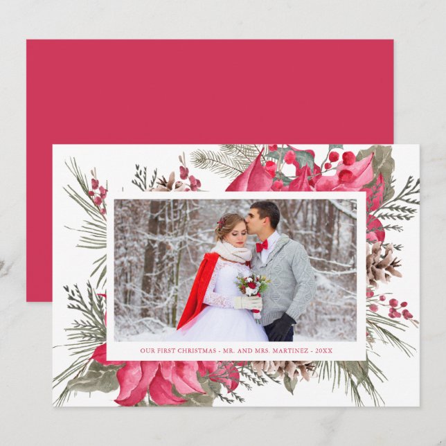 Elegant Red Poinsettia Photo Our First Christmas Holiday Card (Front/Back)