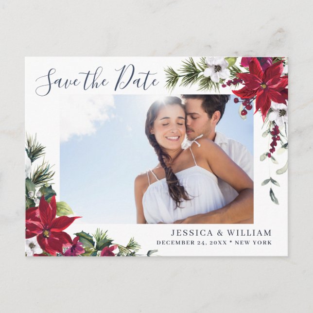 Elegant Red Poinsettia PHOTO Wedding Save the Date Announcement Postcard (Front)