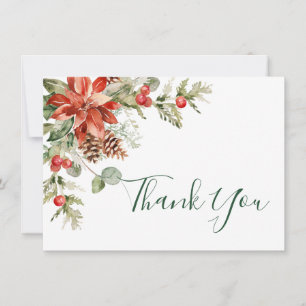 Elegant Red Poinsettia Pine Fir Watercolor Thank Y Thank You Card