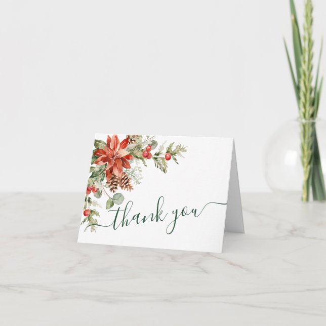 Elegant Red Poinsettia Pine Fir Watercolor Thank You Card (Front)